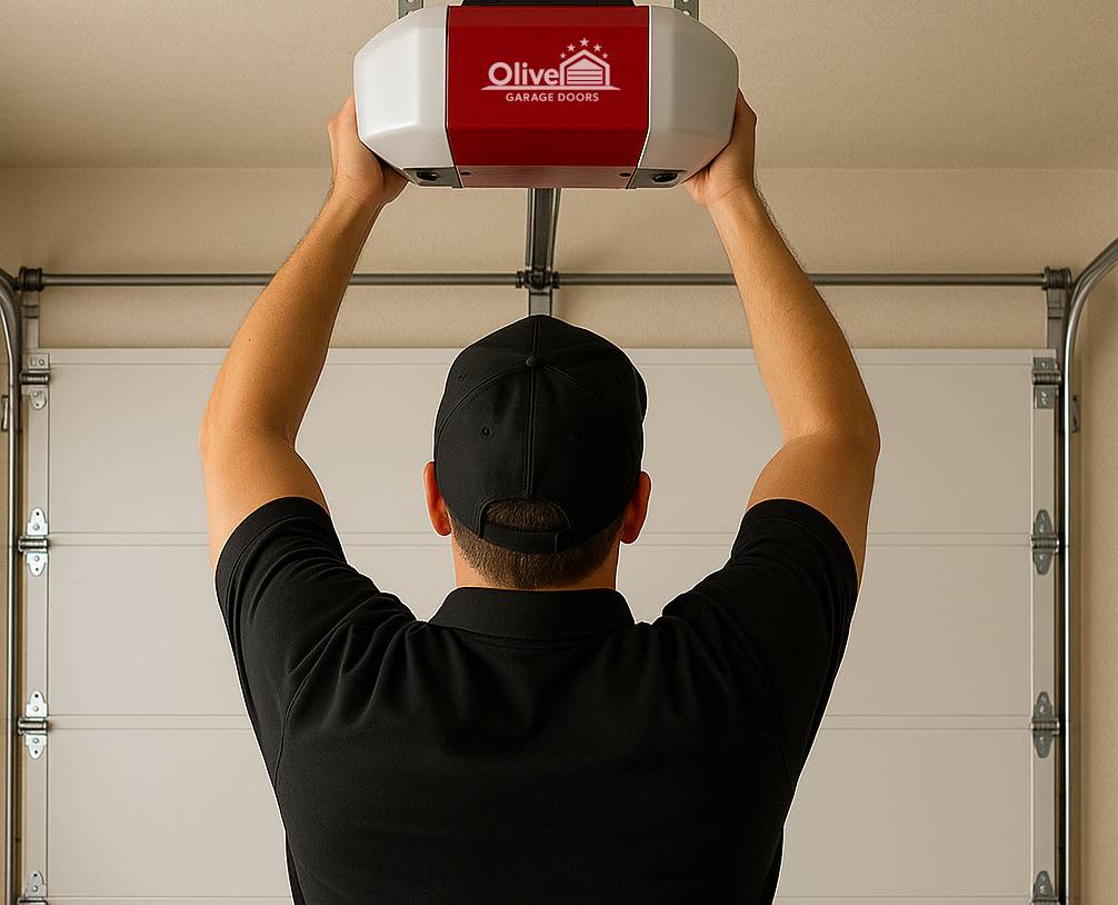 Technician working on garage door repair for a garage door opener