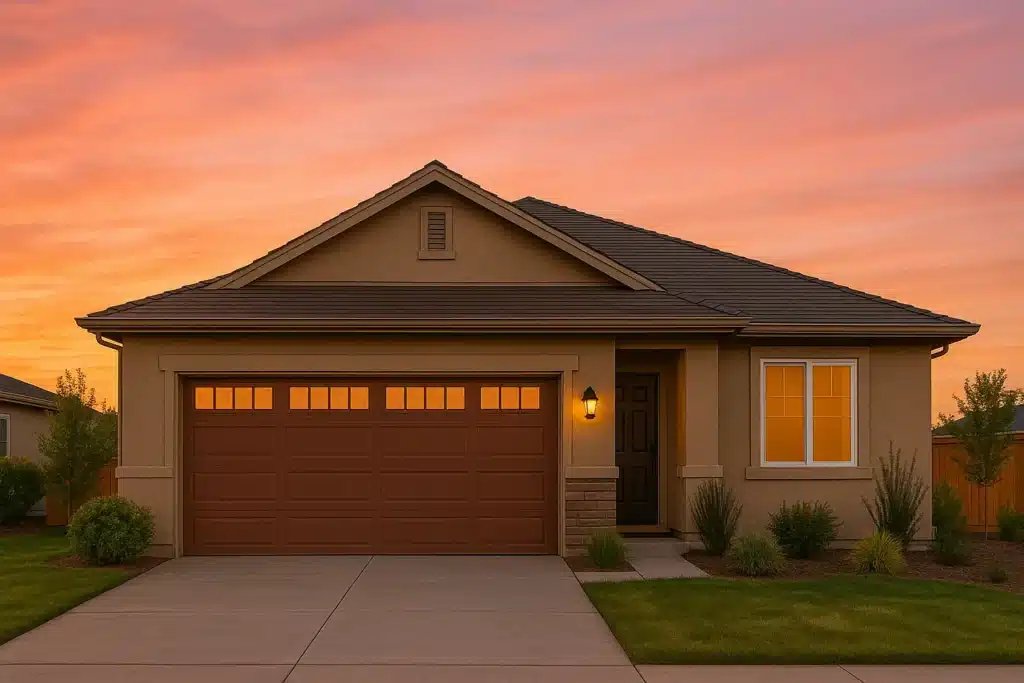 Single-story home with a brown wood-look garage door at sunset