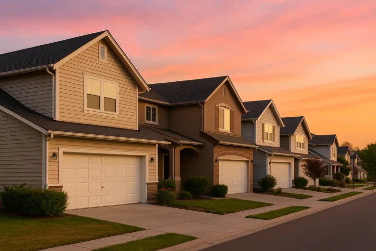 Row of two-story homes with light garage doors at sunset