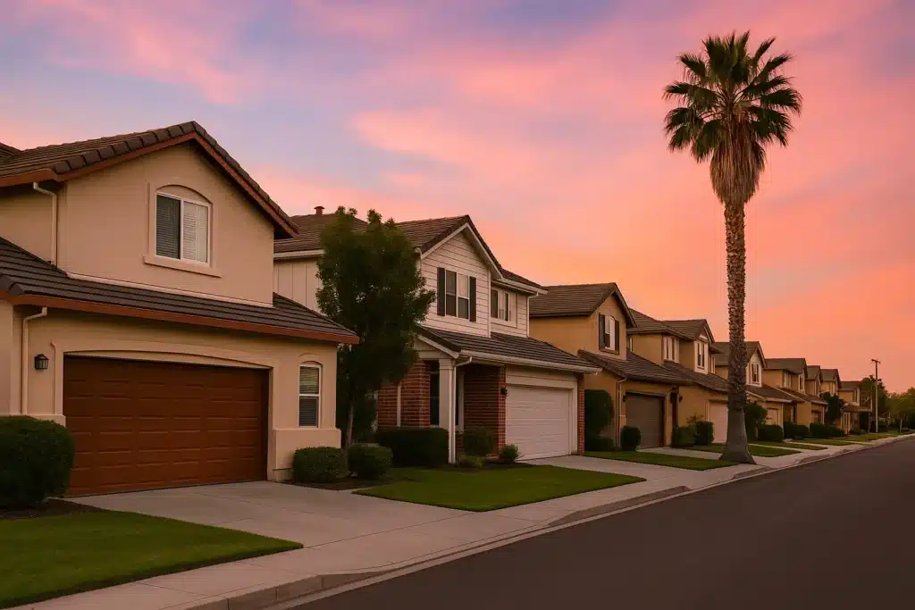 Street of two-story homes with garage doors at sunset
