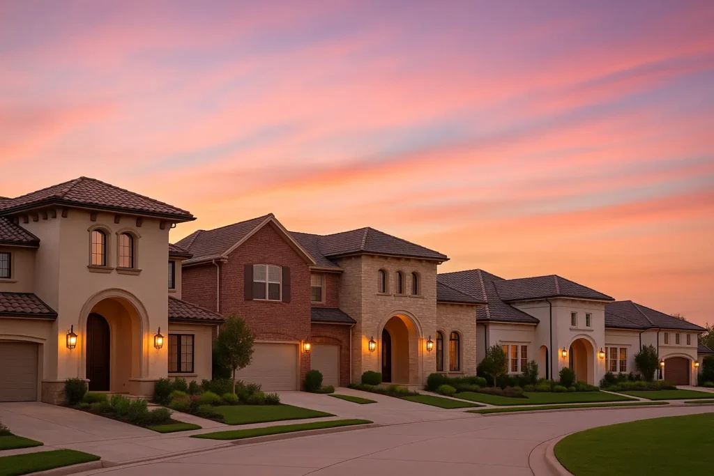 Row of two-story stucco homes along a curved street at sunset