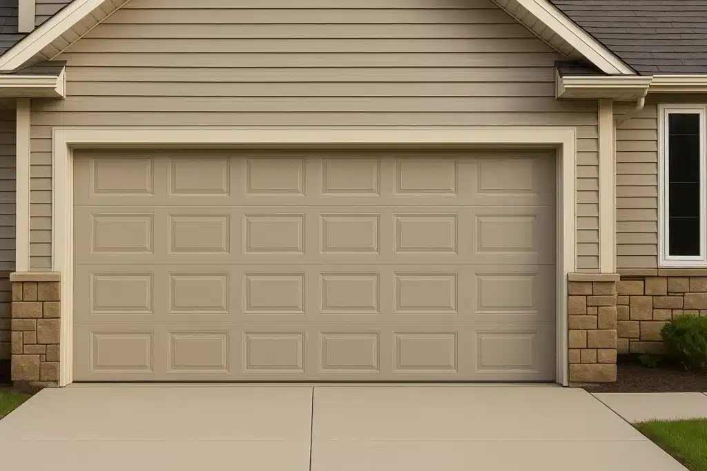 Beige raised-panel two-car garage door on a home with siding