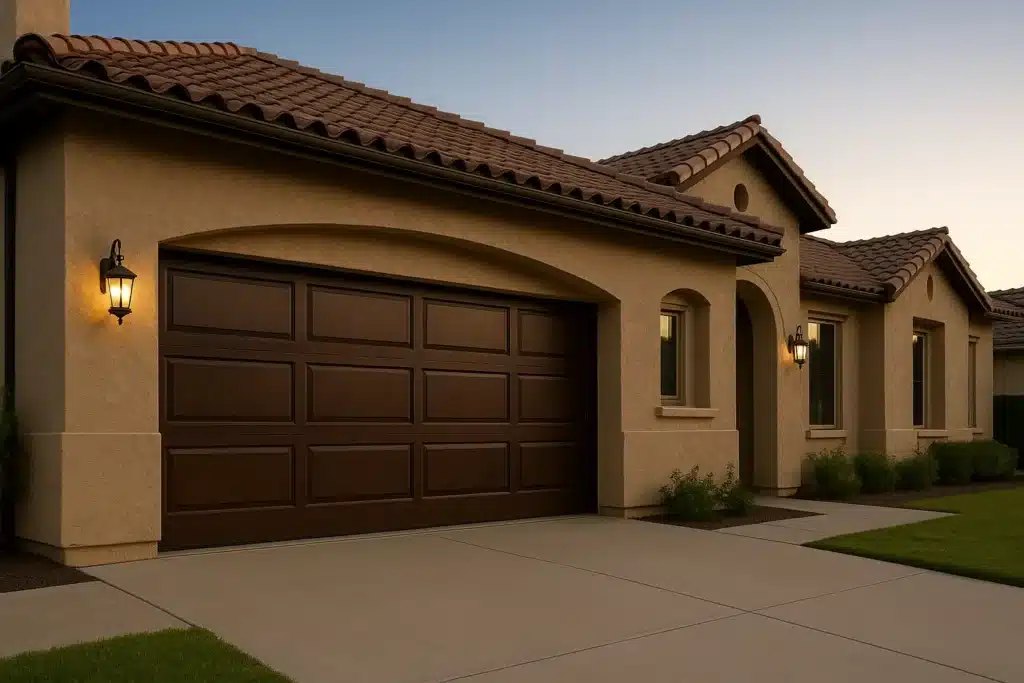 Dark brown garage door on a stucco home in evening light