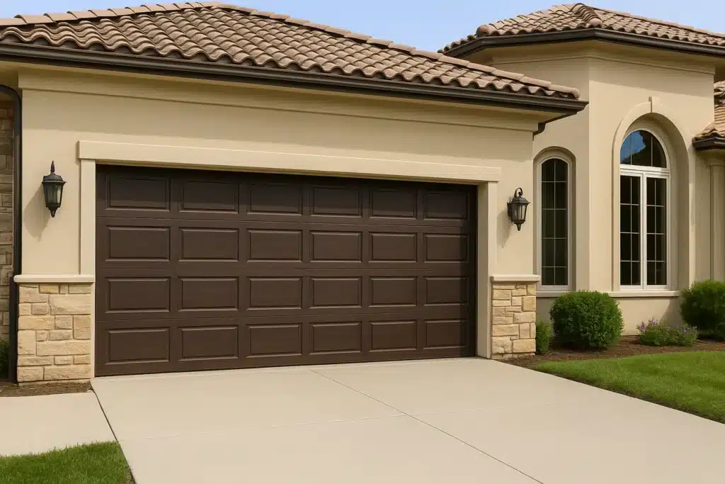 Dark brown garage door on a Mediterranean stucco home