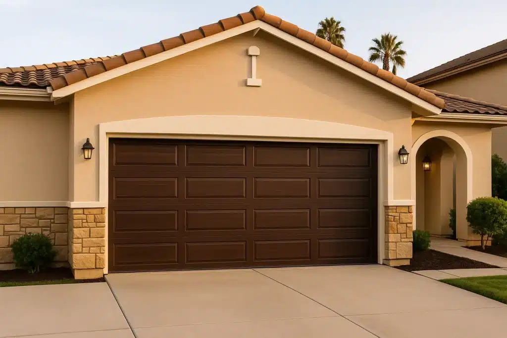 Dark brown garage door on a tan stucco home with palm trees