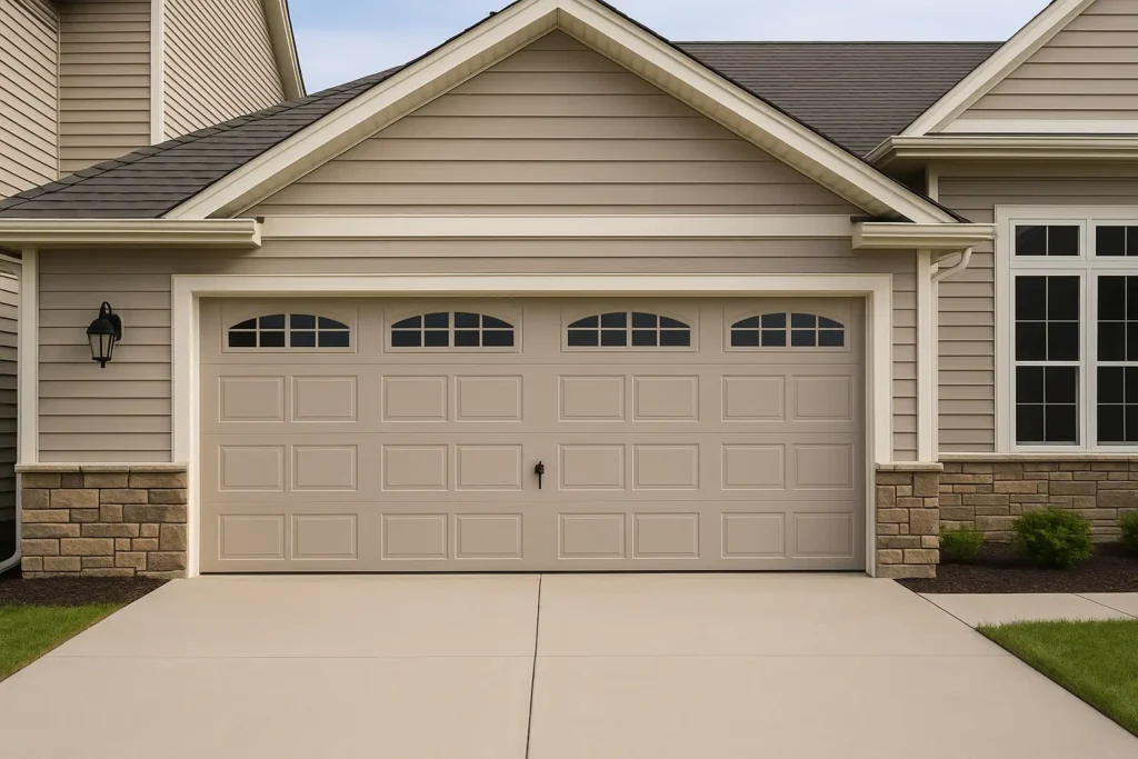 Taupe garage door with windows on a home with stone trim and siding