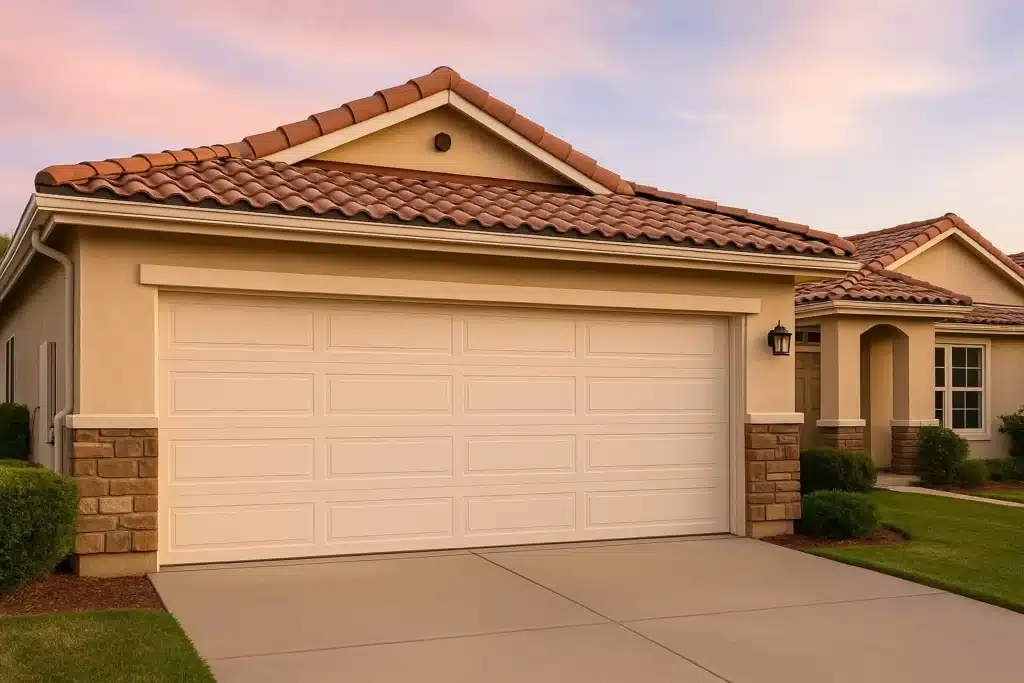 Cream garage door on a stucco home with a tile roof