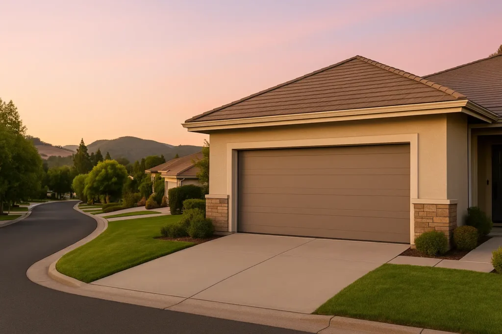 Taupe garage door on a single-story home near the hills at sunset