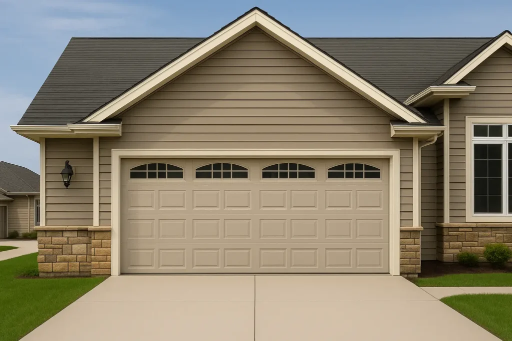 Beige garage door with windows on a home with siding and stone