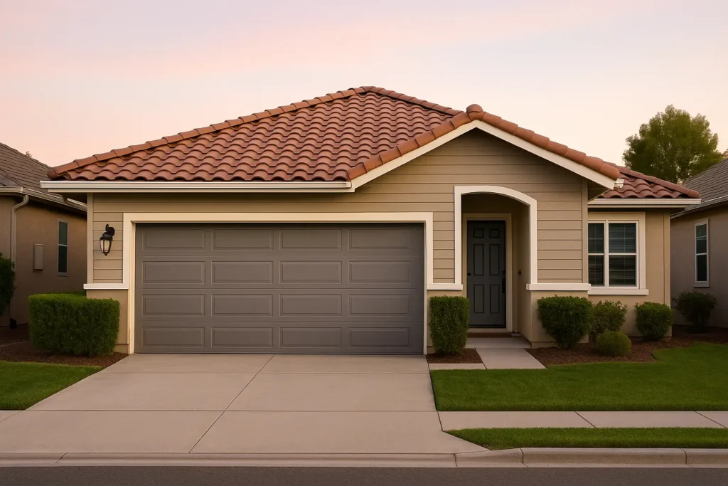 Single-story home with a gray garage door and tile roof at dusk