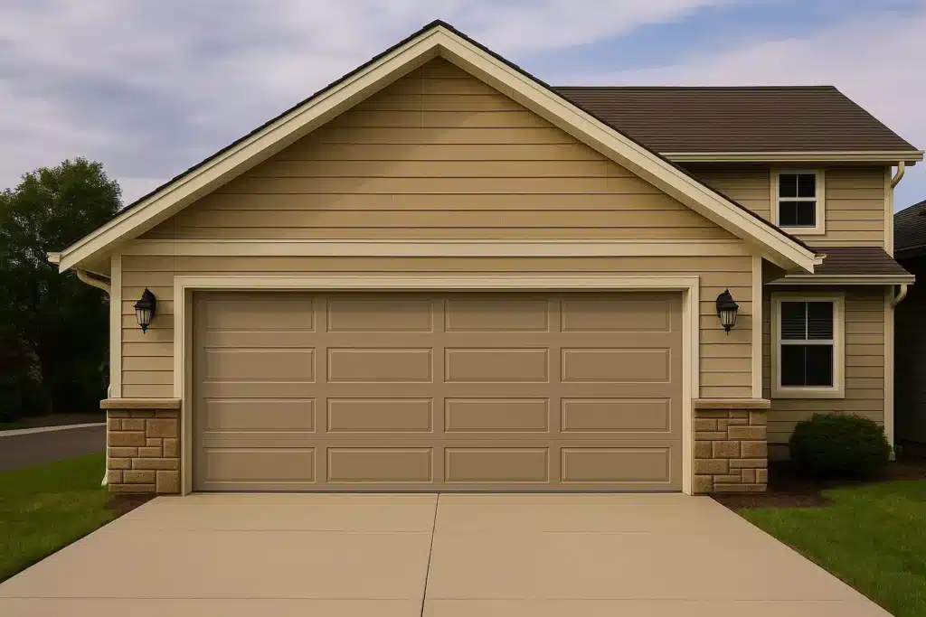 Tan garage door on a gabled home with siding