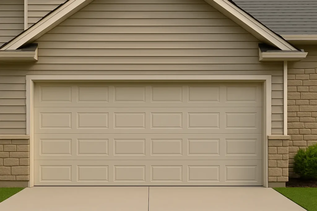 Close-up of a beige raised-panel garage door on a home with siding