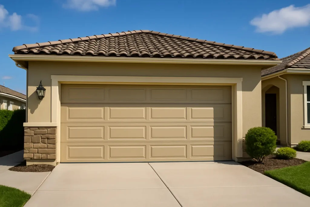 Beige garage door on a home with a tile roof and blue sky