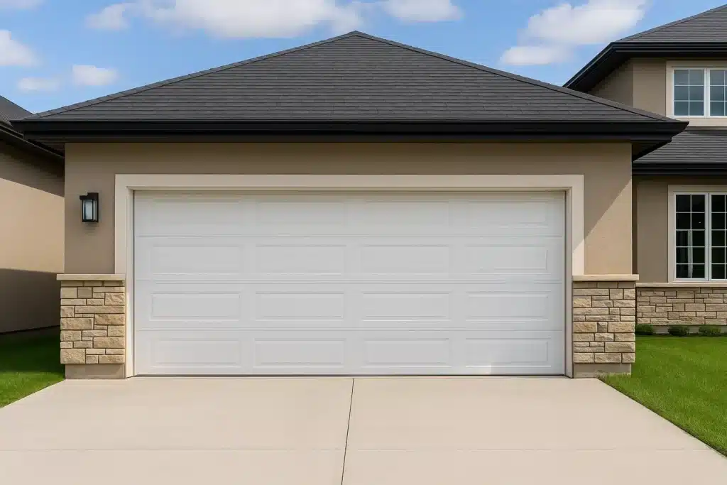 White garage door on a home with gray siding and stone trim