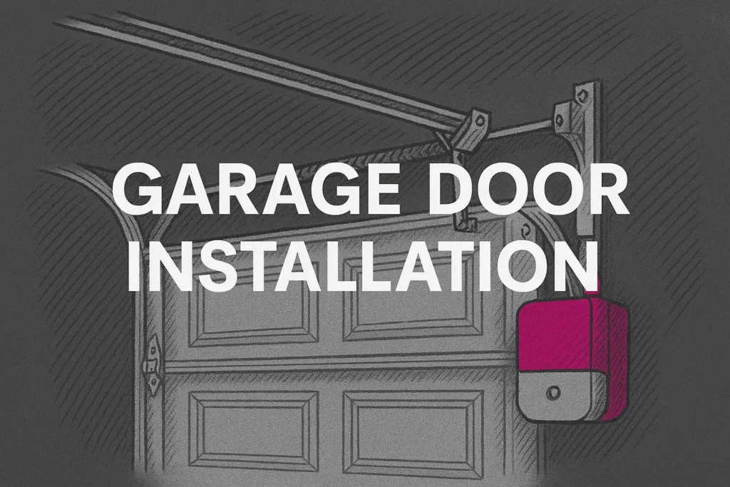Garage door installation title graphic with a door and opener sketch