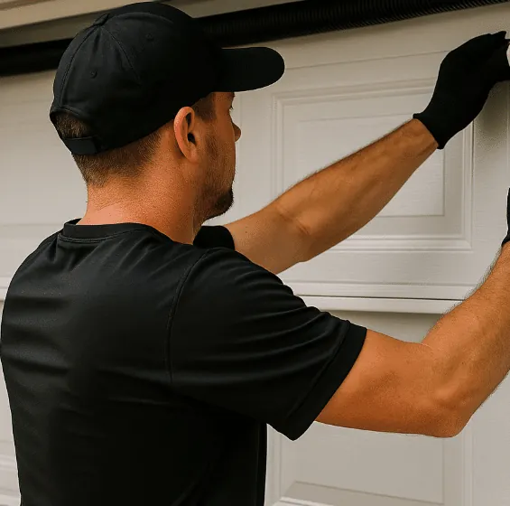 Olive garage door technician working on garage door pic