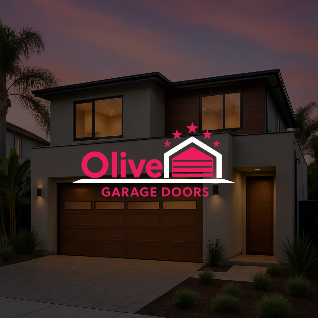 Olive Garage Doors logo on a modern home with a dark garage door