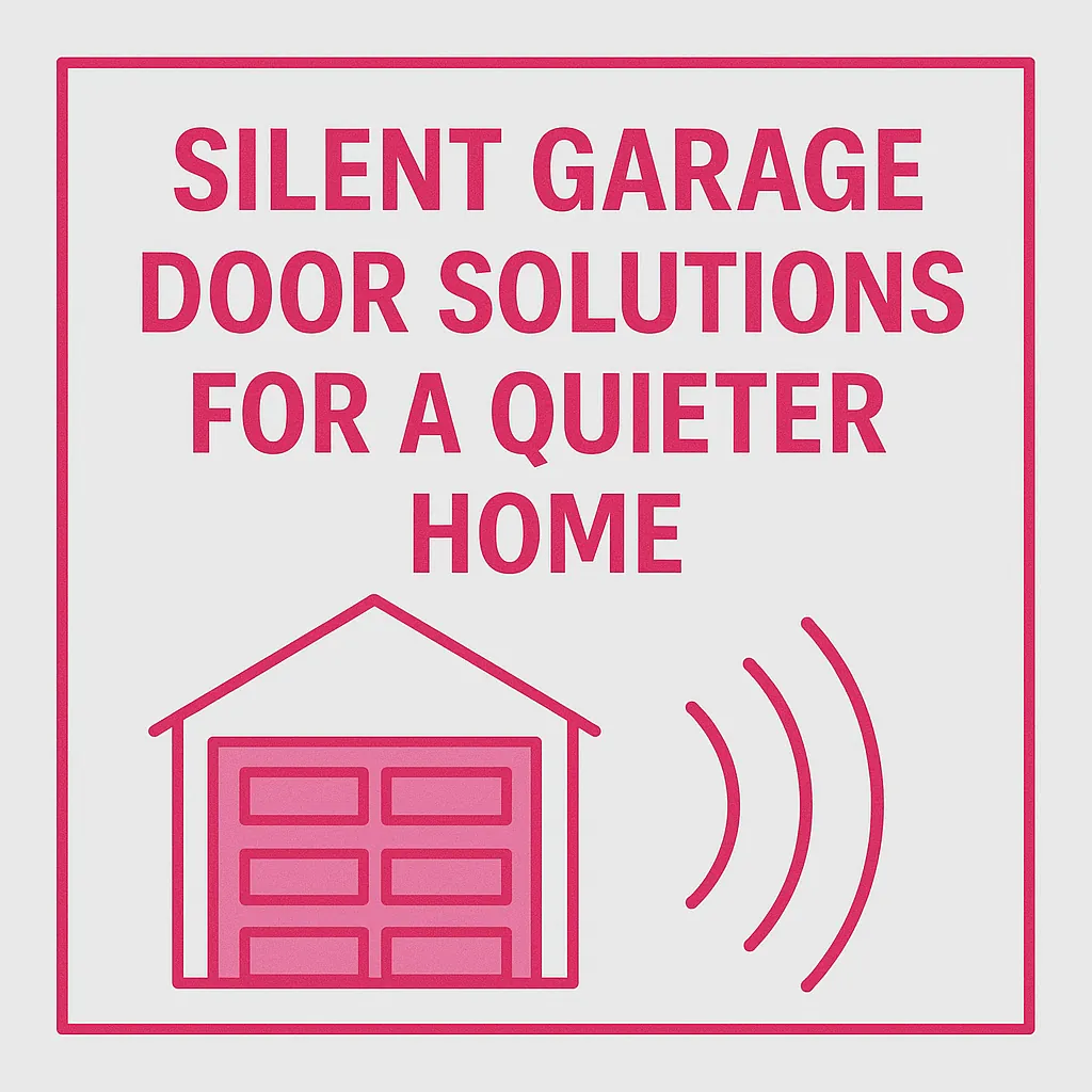 Infographic titled “Silent Garage Door Solutions for a Quieter Home.” Features a garage icon and sound waves to represent quiet operation. Learn how to reduce garage door noise with lubrication, rollers, and opener upgrades.